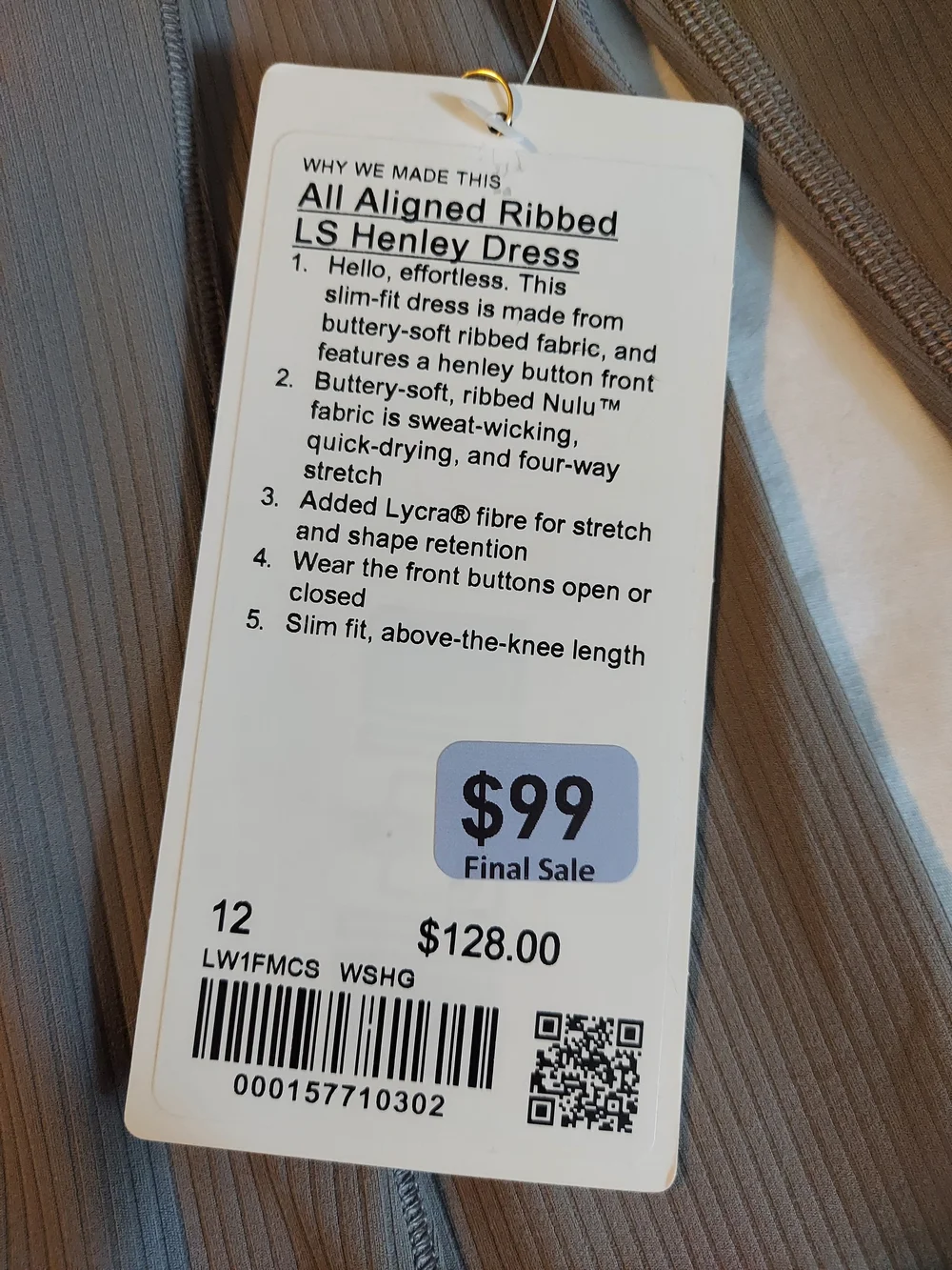 NWT Lululemon All Aligned Ribbed Long-Sleeve Henley Dress Beige Sheer Oak 12